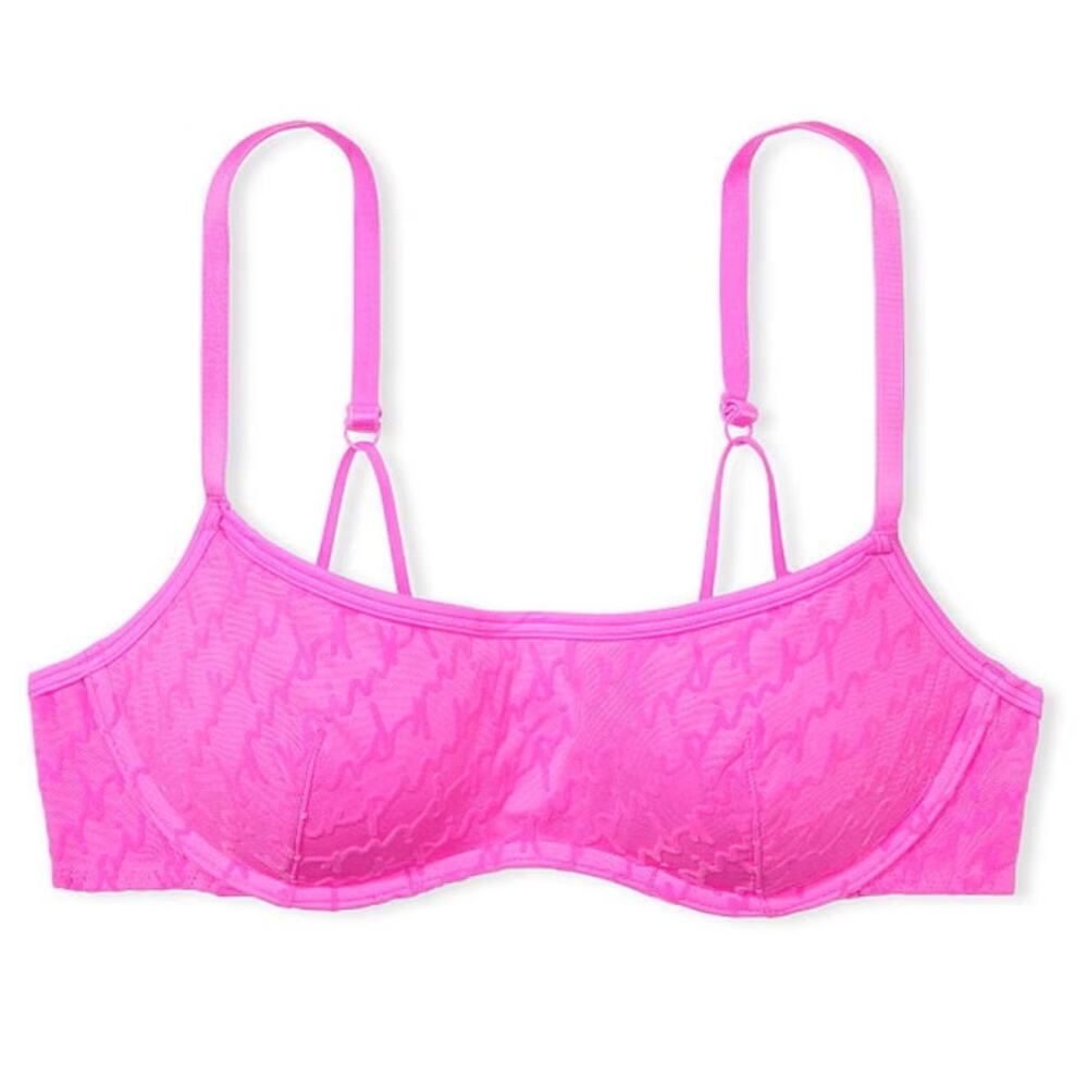 Victoria's Secret PINK hot pink berry flocked logo mesh bralette push up L NWT